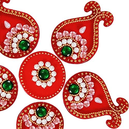 GENERİCA El Yapımı Akrilik Kırmızı Renk Matka Rangoli, Diwali, Yeni Yıl, Ev Dekoratif Diwali Rangoli Seti Çok Renkli Mücevher