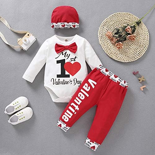 3 Adet Yenidoğan Bebek Erkek Kız Benim Ilk sevgililer Günü Kıyafet Uzun Kollu Romper + Kalp Baskı Pantolon + Şapka Giysi Set