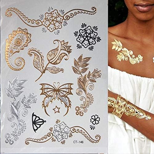 PENGHU Sıcak Flaş Metalik Su Geçirmez Geçici Dövme Altın Gümüş Dövme Kadın Kına Çiçek Taty Tasarım Dövme Etiket (Renk : YH023)