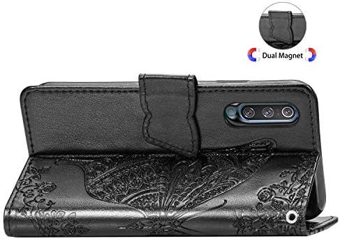 Herzzer Kayış Deri samsung kılıfı Galaxy A50, Cüzdan Kapak için Samsung Galaxy A50, klasik 3D Siyah Kelebek Çiçek Baskı Kabartma