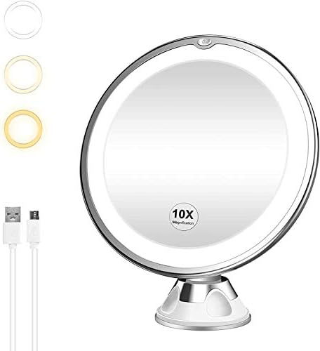 Işıklı Şarj Edilebilir 10X Makyaj Aynası: 3 Renkli Aydınlatma, Dokunmatik Düğme, 360°Döndürme ve Güçlü Vantuz, Masa Üstü Duvar