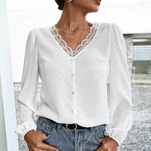 Kadın Zarif Klasik Dantel Ekleme Beyaz Gömlek V Yaka Fener Uzun Kollu Gevşek Tek Düğme Bluzlar Hafif Tee