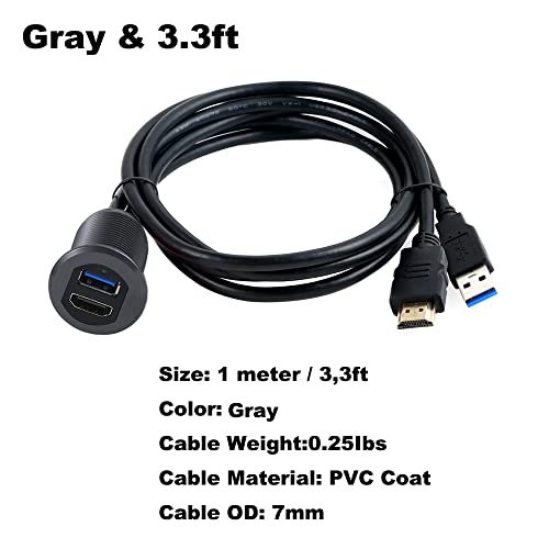 Kework USB 3.0 ve HDMI Dağı ile ışık, 3.3 ft USB 3.0 Erkek Kadın ve HDMI 4 K Erkek Kadın Gömme Paneli Pano montaj Uzatma Kablosu