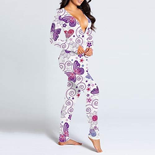 Kadınlar için pijama, Kadın V Yaka Düğmeli Ön Tulum Fonksiyonel Popo Düğmeli Flap Pijama Tulum Pijama