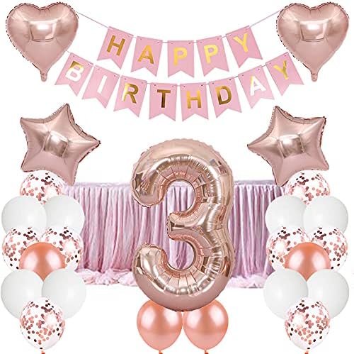 Huture 3 Doğum Günü Parti Malzemeleri Gül Altın Numarası 3 Folyo Balon Mutlu Doğum Günü Afiş Kiti 3rd Doğum Günü Dekorasyon Beyaz