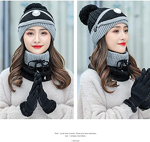 Jsıluxna Womens Kış Sıcak Örgü Bere Şapka Dokunmatik Eldiven Eşarp Maske Polar Astarlı Kafatası ıle Set Caps Boyun Atkılar