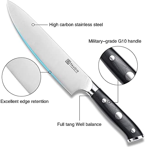 PAUDİN Şef Bıçağı 8 İnç, Profesyonel Mutfak Bıçağı, Ergonomik G10 Saplı 7Cr17MoV Alman Paslanmaz Çelik Dövme Şef Bıçağı, Hediye