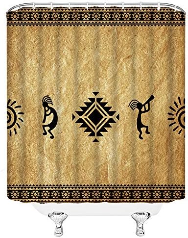 Kokopelli Duş Perdesi Güneybatı Kızılderili Etnik Tribal Vintage Geometrik Retro Kumaş Banyo Dekor Setleri ile 12 Kanca, 71X71