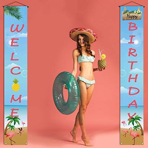 Hawaiian Luau Doğum Günü Partisi Dekorasyon Mutlu Doğum Günü Sundurma Işareti Afiş Flamingo Ananas Yaz Plaj Havuz Partisi Çim