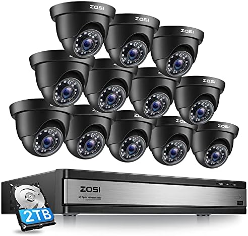 ZOSI 16 Kanal Güvenlik Kamera Sistemi 1080 p, 1080N H. 265+ Hibrid 16 Kanal DVR ile Sabit Disk 2 TB ve 12x1080 p CCTV Dome Kamera