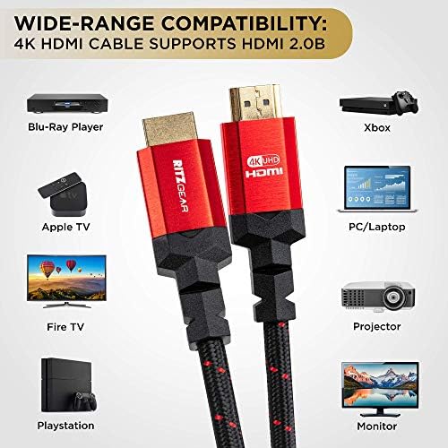 4K HDMI Kablosu 15 ft - Siyah Örgülü Naylon Kordon ve 24K Altın Kaplama Konektörler, Ethernet'li Ritz Gear Yüksek Hızlı HDMI