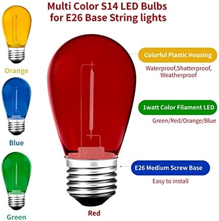 24 Paketi S14 Renkli LED Dize Ampuller, 1 Watt Plastik Kırılmaz Su Geçirmez Açık Kapalı Ev Dekor için Yedek Ampuller, E26 Orta
