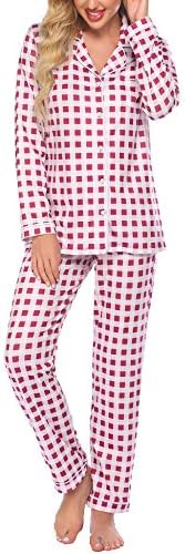 Ekouaer kadın Pijama Uzun Kollu Pijama Ekose Düğme Aşağı Loungewear Yumuşak Pjs Set S-XXL