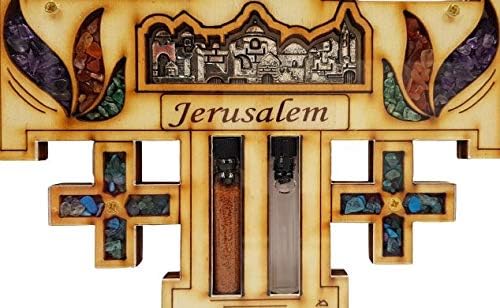 Ahşap Kudüs Çapraz Duvar Dekor Ev Nimet Yarı Değerli Taşlar ile Kutsal Kalp İsa Kutsal Su ve Toprak Katolik Hediye