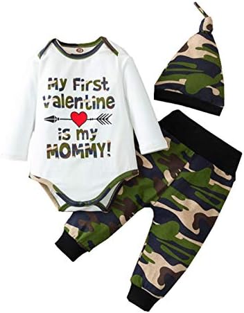 Bebek Erkek Bebek Sevgililer Günü Giysileri Kamuflaj Uzun Kollu Benim Ilk Sevgililer Bodysuit Romper Pantolon Şapka 3 ADET Set