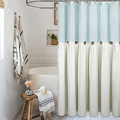 Reisen Keten Çiftlik Evi Duş Perdesi Düğmesi Mavi ve Kapalı Beyaz Duş Perdeleri Banyo için, 72x72 inç