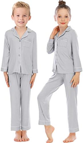 Veseacky Unisex Kız Erkek Pijama Uzun Kollu Pijama Düğme-Aşağı 2 Pcs Pjs Set için 5-14 Yıl